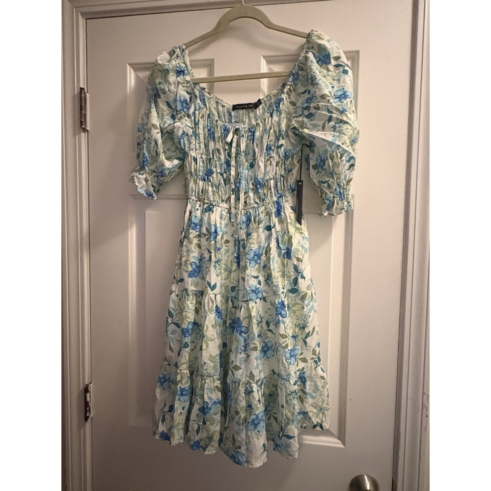 NWT Mary & Mo Smock Bodice Blue Floral Milkmaid Dress Puff sleeves Medium